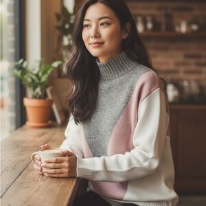 Colorblock Turtleneck Sweater - Gray, Pink, and White Size Small